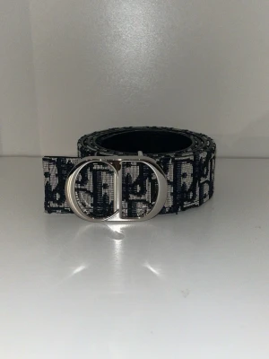 Svartvitt bälte från Christian Dior - Snyggt svartvitt bälte från Christian Dior med ikoniskt mönster och dubbla silverfärgade ringar som spänne. Perfekt accessoar för att lyfta din outfit med en lyxig touch. Bältet har klassisk Dior-logga och är tillverkat i textil med detaljer i skinn.
