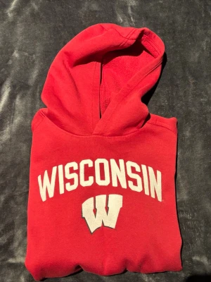 Röd Wisconsin hoodie med huva - Snygg röd hoodie med stor vit 'WISCONSIN'-text och ett stort W-tryck på bröstet. Klassisk känguruficka framtill och skön huva. Perfekt för dig som gillar college-stil och vill sticka ut i mängden. Mjuk bomullsblandning som känns bekväm hela dagen.