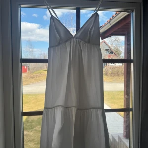 Vit sommarklänning med smala band - Säljer en luftig vit klänning med smala axelband och v-ringad hals. Klänningen har en avslappnad passform och volang nedtill, perfekt för varma dagar. Materialet känns lätt och svalt, troligen bomull eller linne.