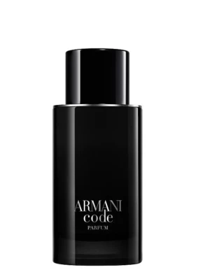 Armani Code Parfum svart flaska - Snygg parfym från Armani i en stilren, svart cylinderformad flaska med minimalistisk design. Flaskan har ett blankt svart lock och tydlig vit text på framsidan. Perfekt för dig som gillar exklusiva dofter och elegant design.