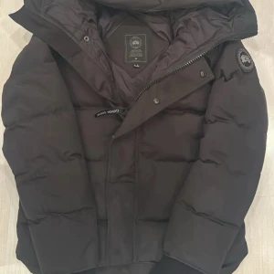 Svart dunjacka från Canada Goose - Säljer en svart dunjacka från Canada Goose med huva och diskret logotyp på ärmen. Jackan har dragkedja och knappar framtill samt klassisk puffer-design som håller dig varm under kalla dagar. Perfekt för dig som vill ha både stil och funktion.