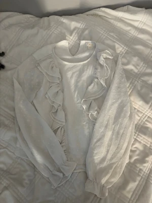 Vit volangblus från Gina Tricot - Säljer en vit blus från Gina Tricot med långa, transparenta ärmar och volangdetaljer framtill. Blusen har rund halsringning och är tillverkad i ett lätt, strukturerat tyg som ger en luftig känsla. Pris går att diskutera🥰