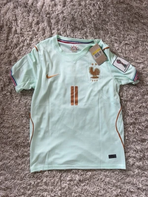 Frankrike fotbollströja Nike Olise - Ljusblå fotbollströja från Nike med Frankrikes landslagsmärke och nummer 11 i guld. Tröjan har Olise tryckt på ryggen, korta ärmar och detaljer i guld och trikolor på ärmslut. Perfekt för match eller träning.
