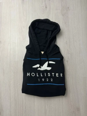 Svart Hollister hoodie med logga - Svart hoodie från Hollister med stor vit logga och texten 'HOLLISTER' på bröstet. Hoodien har huva med dragsko, känguruficka och blå detaljer. Tillverkad i mjukt bomullsmaterial, perfekt för en avslappnad och stilren look.