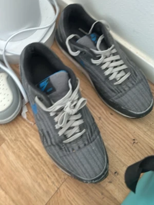 Grå Nike sneakers med blå detalj - Snygga grå sneakers från Nike med vita skosnören och blå logga på plösen och sidan. Skorna har en klassisk låg profil och ovandel i textil med diskreta ränder. Perfekta för en avslappnad streetstil.