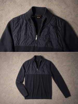 Massimo Dutti Halv zip  - Mörkblå tröja från Massimo Dutti med halv dragkedja och hög krage. Överdel i quiltat material och nedre del i mjuk stickad kvalitet. Långärmad och stilren design som passar perfekt till svala dagar. Pris diskuteras ✅