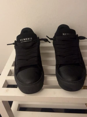 Svarta sneakers från Numeris - Snygga svarta sneakers från Numeris med kraftig sula och tydliga vita sömmar. Skorna har rund tå, breda svarta skosnören och logotyp på tungan och hälen. Materialet är en mix av läder och textil, vilket ger en cool och modern look.