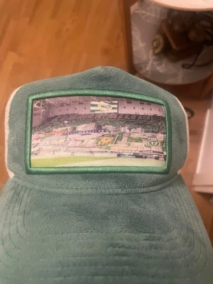 Grön och vit truckerkeps med tryck - Säljer en unik truckerkeps i grön och vit med mesh på sidorna och ett coolt tryck av ett Bajen tifo framtill. Kepsen har böjd skärm och justerbar baksida. Perfekt för dig som vill sticka ut med en sportig accessoar.