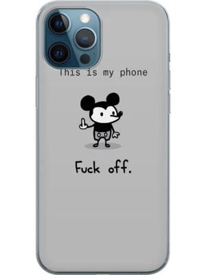 Genomskinligt mobilskal med tecknad figur - Säljer ett genomskinligt mobilskal med en svartvit tecknad musfigur som visar långg finger, samt texten 'This is my phone' och 'Fuck off.' Trycket är humoristiskt och skalet är gjort i plast. Passar dig som vill ha ett skal med attityd.