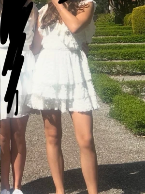 Vit spetsklänning med volang - Superfin vit klänning med spetsdetaljer och volanger. Klänningen är ärmlös med breda axelband och har en kort, utsvängd kjol. Öppen rygg Perfekt för sommarens tillfällen och ger en romantisk känsla. Snygg passform och lätt material. Klänningen är endast använt vid ett tillfälle och har inga skador utöver minde sminkfläck på insidan men inget som syns när man har på den