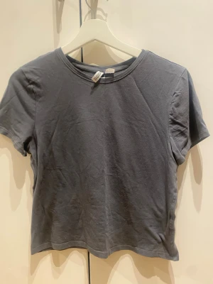 Mörkgrå cropped t-shirt från H&M - En enkel mörkgrå cropped t-shirt från H&M Divided. Modellen har korta ärmar, rund halsringning och är tillverkad i mjuk bomull. Perfekt till jeans eller kjol för en avslappnad look. Den är liten i storlek. 