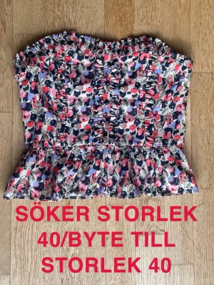 Blommig korsett topp från h&m - Söker denna supersöta korsett topp med volangkant och blommigt mönster i rosa, rött, lila och grönt på ljus botten. Toppen har en markerad midja och dragkedja i sidan för enkel påklädning. Har denna i storlek 38 men skulle gärna vilja byta till storlek 40. Köpt secondhand men har aldrig använts pga att den är för liten💞
