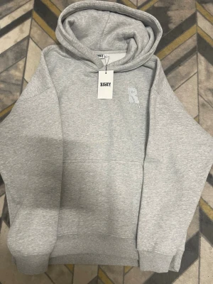 Grå hoodie från Risky med tryck - Snygg ljusgrå hoodie från Risky med huva och ett stilrent R-tryck på bröstet. Mjuk bomullsblandning och klassisk passform, perfekt för en chill och avslappnad look. Tröjan är S, men lite oversized. Så om du gillar något avslappnat/baggy skulle denna vara perfekt. Men om du är M, kommer den sitta normalt. 