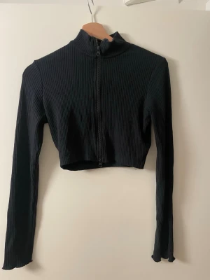 Berhska Svart ribbad croppad polotopp - Säljer en svart ribbad croppad polotopp från Bershka. Toppen har lång ärm, dragkedja framtill och en tight passform som ger en snygg siluett. Perfekt till höga jeans eller kjol för en trendig look.