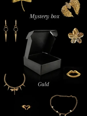 Mystery box med guldsmycken - 1 smycke pär box! Mystery box fylld med olika guldfärgade smycken som halsband, örhängen, ringar och armband. Innehållet har motiv som läppar, blommor, trollslända och vingar. Perfekt för dig som gillar överraskningar och unika accessoarer.