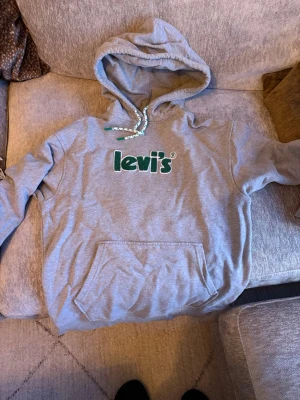 Grå Levi's hoodie med logga - Säljer en grå hoodie från Levi's med stor grön logga på bröstet. Hoodien har huva med dragsko och en stor magficka framtill. Tillverkad i mjukt sweatshirtmaterial, perfekt för en avslappnad stil.