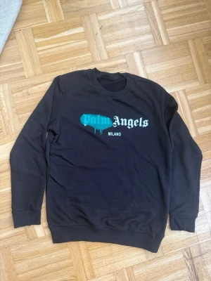Palm Angels svart sweatshirt Milano - Svart sweatshirt från Palm Angels med Milano-tryck på bröstet. Framsidan har ett blått spray paint-inspirerat tryck över loggan och text i vitt. Rund halsringning och ribbade muddar. Perfekt för en streetwear-look. Storlek S. Helt ny och oanvänd.