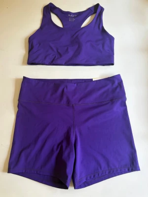 Lila sportset med topp och shorts - Snyggt lila träningsset med matchande sport-bh och höga cykelshorts. Setet är gjort i ett stretchigt och mjukt material som passar perfekt för gym, yoga eller löpning. Sport-bhn har brottarrygg och shortsen har bred midja för extra komfort. Storlek L på sport-bh och storlek XL på shorts.