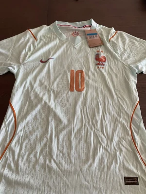 Ljusblå fotbollströja Mbappé #10 - Snygg ljusblå fotbollströja med orange detaljer och nummer 10 på både fram- och baksidan. På ryggen står det Mbappé och framtill finns ett tupp-emblem med två stjärnor. Tröjan har korta ärmar och sportig passform, perfekt för fotbollsträning eller match.
