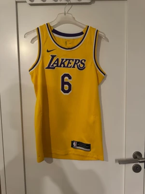 Lakers basketlinne - Säljer ett Lakers basketlinne med Lebron James på ryggen. Linnet är i fint skick och i storlek S. Linnet har en liten fläck som man kan se på sista bilden. Men det är inget man ser när man har på sig det.