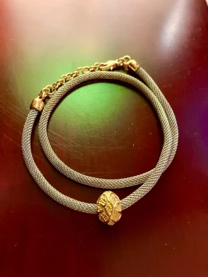 Snyggt halsband med guldpärla - Stilrent halsband i silverfärgad metall med en dekorativ guldtonad pärla i mitten. Kedjan har en fin meshstruktur och justerbart lås i guldton. Perfekt accessoar för att lyfta din outfit med en elegant touch.