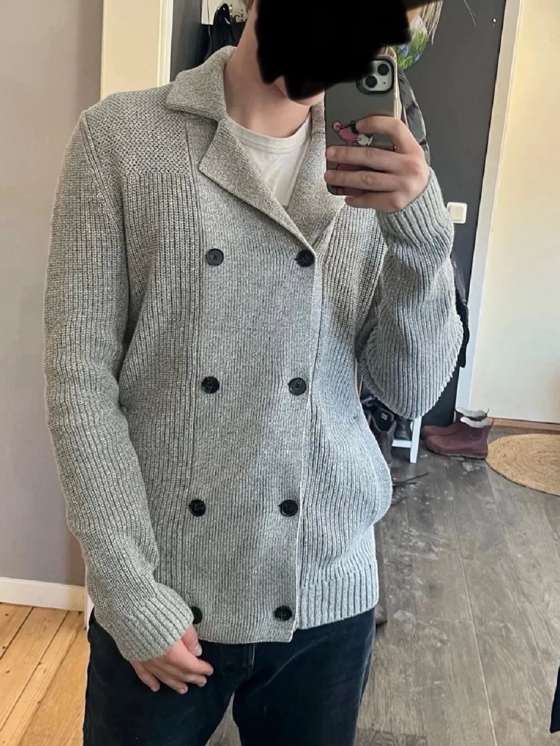 Ljusgrå dubbelknäppt stickad kofta/cardigan