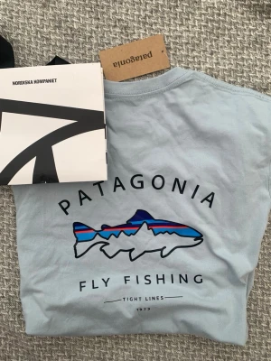 Ljusblå Patagonia t-shirt med tryck - Ljusblå t-shirt från Patagonia i bomull med coolt fisk- och logotryck på ryggen samt liten logga på bröstet. Klassisk rund hals och korta ärmar. Perfekt för dig som gillar outdoor och streetstyle.