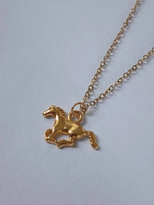Guldigt halsband med hästberlock - Snyggt halsband i guldfärgad rostfritt metall med en detaljrik berlock i form av en springande häst. Kedjan är tunn och elegant, perfekt för dig som gillar djurmotiv och vill ha något unikt runt halsen. Passar perfekt till dig som vill sticka ut med en cool accessoar.