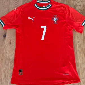 Portugal fotbollströja Puma röd - Röd Portugal fotbollströja från Puma med nummer 7 och namntryck 'Ronaldo' på ryggen. Tröjan har gröna och vita detaljer vid krage och ärmslut samt broderad landslagssköld på bröstet. Tillverkad i lätt och ventilerande material.