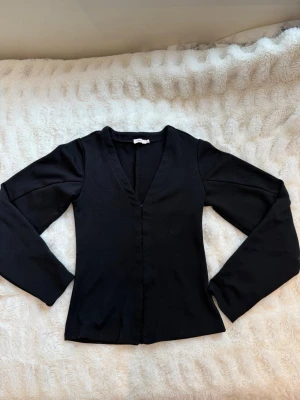 Svart långärmad v-ringad topp - En stilren svart långärmad topp med v-ringning. Modellen är figurnära och enkel utan synliga detaljer, perfekt för att matcha med olika outfits. Troligen i ett mjukt och stretchigt material för bekväm passform.