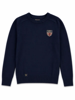 Mörkblå stickad tröja Morris - Mörkblå stickad tröja från Morris med rund halsringning och ribbade muddar. På bröstet sitter ett broderat märke med Union Jack och Morris-logga. Tröjan har klassisk passform och är perfekt för lager-på-lager-stil.