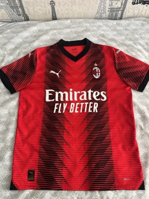 AC Milan matchtröja Puma röd/svart - Säljer en AC Milan matchtröja från Puma i rött och svart med coolt grafiskt mönster. Tröjan har klubbmärke, Puma-logga och sponsortryck framtill. Tillverkad i lätt och ventilerande material med V-ringad krage och korta ärmar. 15-16 år