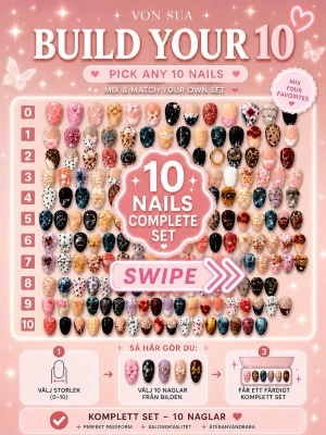 Mix & Match (10 Naglar) - Mix & Match – skapa ditt egna set 💜  Välj 10 naglar och bygg ditt egna unika press-on set.  Så här gör du:  1. Kolla först vilken storlek du behöver: 0–11. 2. Välj 10 naglar från bilden. 3. Skärmdumpa bilden och ringa in/markera de naglar du vill ha. 4. Skicka bilden till mig, så sätter jag ihop ditt set.  Alla naglar är handgjorda av mig och kan mixas fritt efter din egen stil. Perfekt om du vill ha något mer personligt eller om du behöver extra naglar till tidigare set.