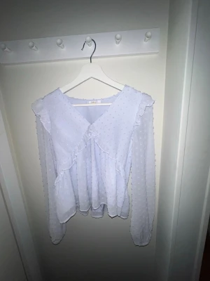 Ljusblå volangblus med prickar - Söt ljusblå blus med volangdetaljer och strukturprickar. Blusen har v-ringning, långa ärmar och lätt transparent material. Perfekt för dig som gillar romantisk och trendig stil.