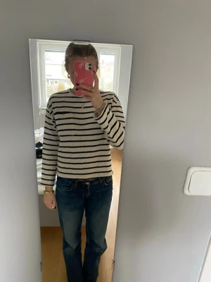 Beige långärmad randig tröja - Säljer en beige långärmad tröja med svarta horisontella ränder. Tröjan har en klassisk rund halsringning och är gjord i ett mjukt material som passar perfekt till jeans. Enkel och stilren design.