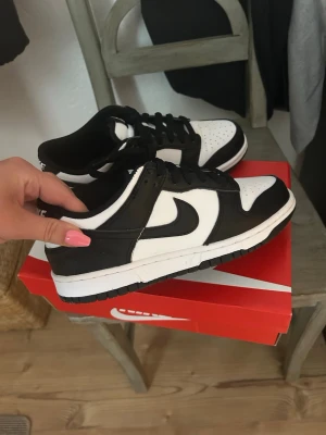 Nike Dunk Low Panda sneakers - Säljer ett par Nike Dunk Low Panda sneakers i svart och vitt läder. Klassisk siluett med svart swoosh, svarta snören och vit tåbox. Perfekta för dig som gillar streetstyle och vill ha en tidlös look. Kommer med originalkartong och kvitto har aldrig använts.