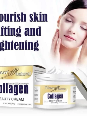 Collagen Beauty Cream 80g ( Ny)  - Collagen Beauty Cream från Disaar Natural med 80g innehåll. Vit kräm i rund burk med gulddetaljer, framtagen för att ge näring, lyfta och ljusa upp huden. Innehåller kollagen och är framtagen för hög återfuktning och reparation.