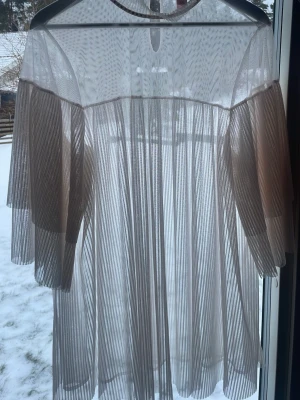 Transparent plisserad meshblus - Säljer en superfin transparent blus i beige mesh med plisserade detaljer. Blusen har rund halsringning och vida, långa ärmar som ger ett luftigt intryck. Perfekt att styla lager på lager för en trendig look.