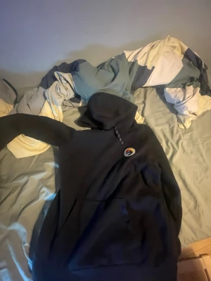 Svart hoodie med broderad patch - Säljer en svart hoodie med en broderad patch på bröstet. Hoodien har klassisk huva med dragsko och en stor magficka framtill. Perfekt för dig som gillar en enkel men stilren look. Materialet ser ut att vara mjukt och bekvämt, troligen bomull eller bomullsblandning.