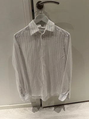 Vit randig skjorta från These Glory Days - Klassisk vit skjorta med tunna blå ränder från These Glory Days. Skjortan har krage, knäppning framtill och långa ärmar med manschett. Tillverkad i ett lätt och luftigt material, perfekt för en stilren look.