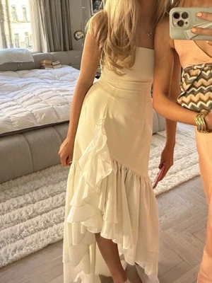 Gul balklänning - Säljer en elegant ljusgul klänning med asymmetrisk nederkant och volangdetaljer längs sidan. Klänningen är ärmlös och har en figurnära passform som framhäver siluetten. Perfekt för sommarens alla tillfällen!