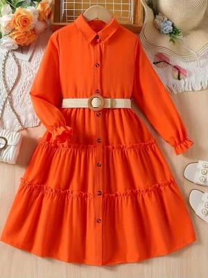 Orange shirt dress with belt - Stylish orange shirt dress with ruffles and buttons at the front. The dress has long sleeves with elastic at the cuffs and an included beige belt with a round buckle at the waist. Made of a light and soft fabric, perfect for a trendy look. Chest: 82 cm Length; 99.5 cm Shipping very fast-same day "if you order during opening hours of post office, otherwise next day"