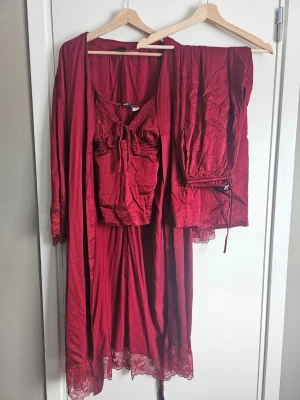 Tre-delat loungeset i satin - Gina Tricot - Ett vinrött loungeset i satin bestående av pyjamasbyxor, linne och morgonrock med spetsdetaljer. Använt typ två gånger så är i nyskick. Linnet och byxorna är lite skrynkliga för att de legat i garderoben men inget annat att anmärka. Storlek S på alla delar. Nypris på allt är 1057:- #loungeset #satinset #ginatricot