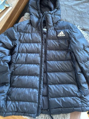 Svart dunjacka med huva från Adidas - Säljer en svart dunjacka från Adidas med huva och dragkedja. Jackan har ett klassiskt quiltat mönster och Adidas-loggan i vitt på bröstet. Perfekt för kalla vinterdagar och riktigt snygg att bära till jeans eller joggers.