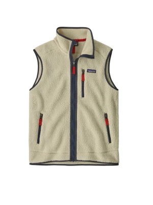 Patagonia Väst - Snygg beige fleeceväst från Patagonia med marinblå detaljer och röda dragkedjor. Västen har hög krage, tre fickor med dragkedja och är tillverkad i mjukt teddyfleece-material. Perfekt lager för extra värme och stil.