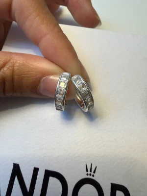 Silverörhängen med stenar  - Snygga silverfärgade örhängen med infattade fyrkantiga klara stenar längs hela framsidan. Klassisk och stilren design som passar till många olika looks. Örhängena är i metall och har en rundad form.