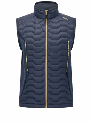 Mörkblå dunväst från BOSS - Snygg mörkblå dunväst från BOSS med guldfärgade dragkedjor och detaljer. Västen har hög krage, quiltat mönster och två fickor med dragkedja. Perfekt för lager-på-lager och ger en sportig men stilren look.