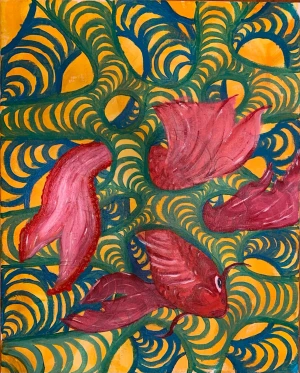 Färgstark tavla - Unik målning med en röd fisk som simmar bland gröna och gula abstrakta mönster.              Pris kan diskuteras!