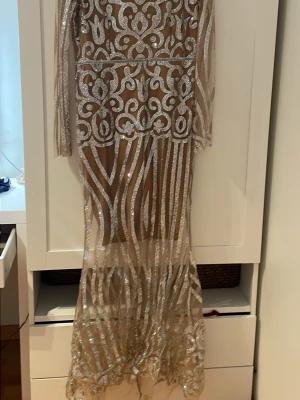 Lång glittrig klänning med silvermönster - Säljer en lång transparent klänning med glittrigt silvermönster och långa ärmar. Klänningen har en nude/beige bas och är täckt av dekorativa, glittriga detaljer som ger en riktigt festlig look. Perfekt för dig som vill sticka ut med stil.