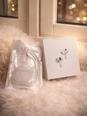 Apple AirPods Pro  - Säljer ett par Apple AirPods Pro i vitt med tillhörande originalkartong. Medföljer ett genomskinligt, glittrande skyddsfodral med handledsrem. Köpt på ELGIGANTEN KVITTO 🧾 FINNS !